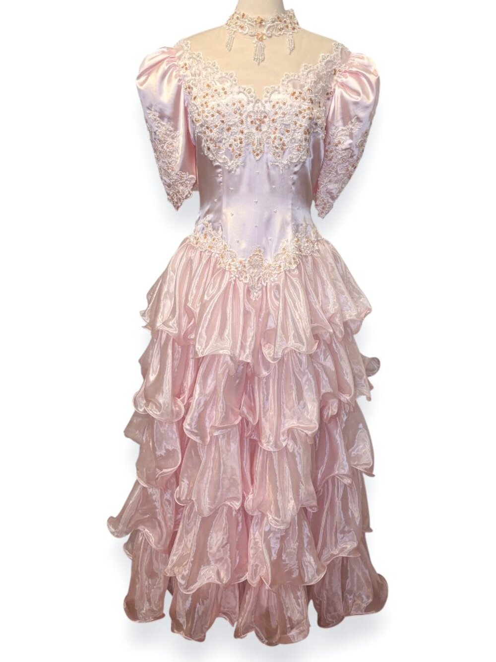 Mary's Pink Satin V-Neck Embellished Puff Sleeve Tiered Layered Dress Size 14